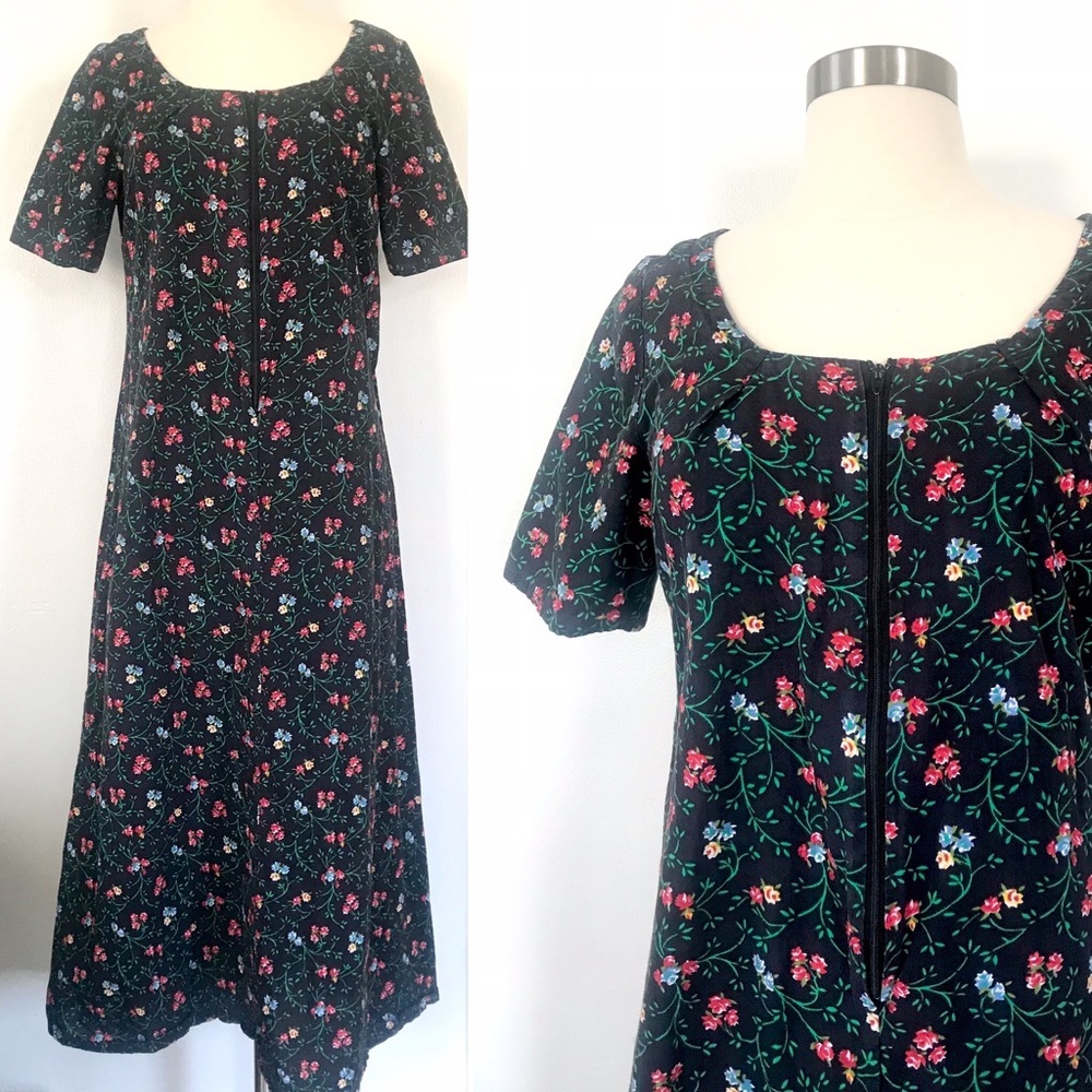Vintage 1970’s black rainbow floral cotton short sleeve midi dress